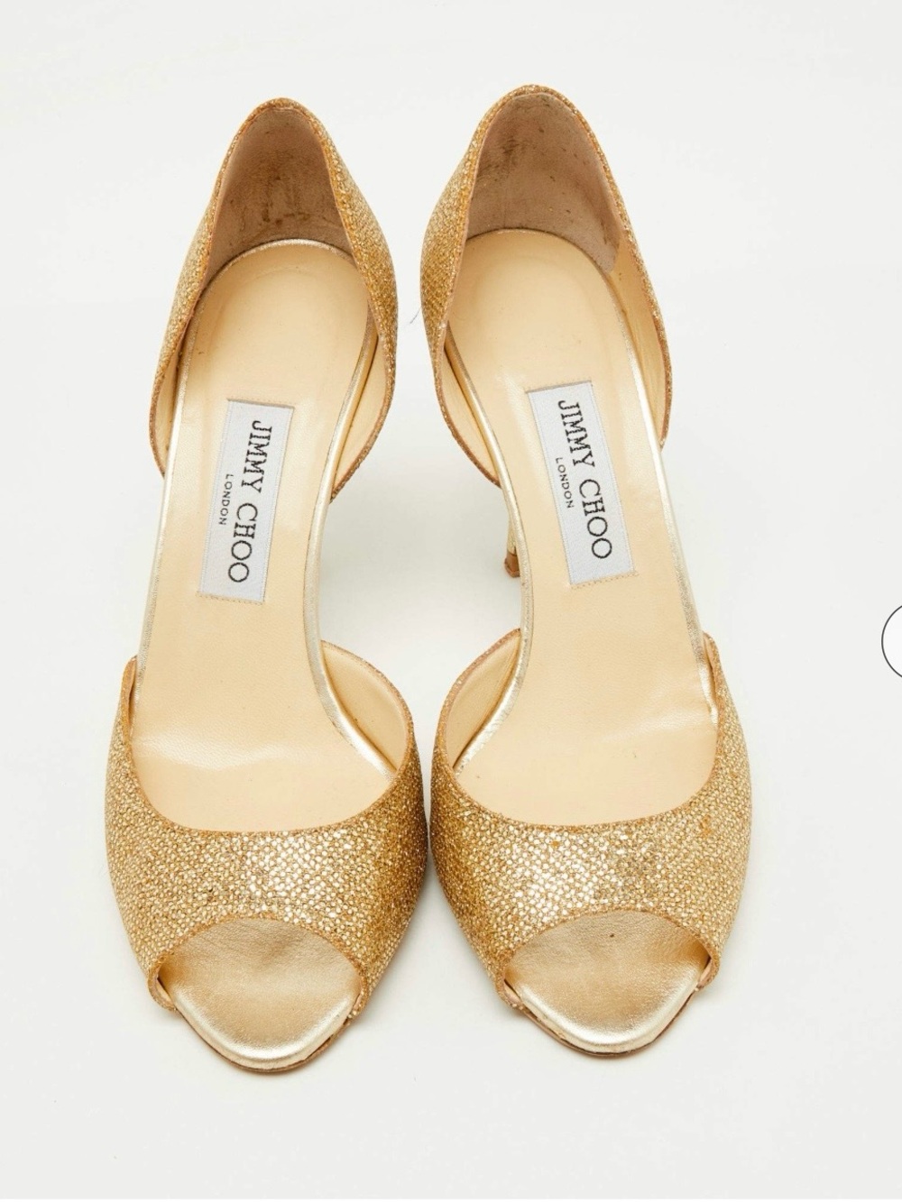 Jimmy Choo Glitter Gold Open-Toe D'Orsay Heels with anti slip sole added.